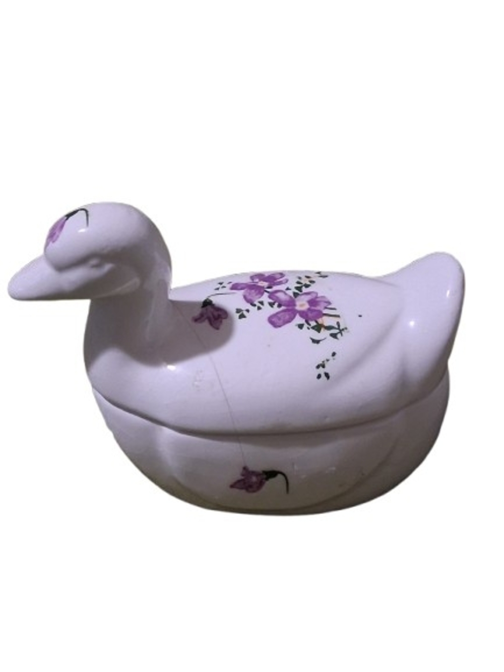Vintage Ceramic Duck Trinket Box with Purple Floral Design